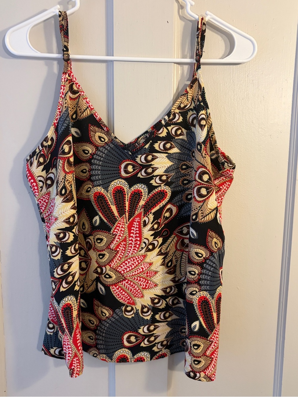 Printed Spaghetti Strap Tank in Navy with Red & Tan Motif